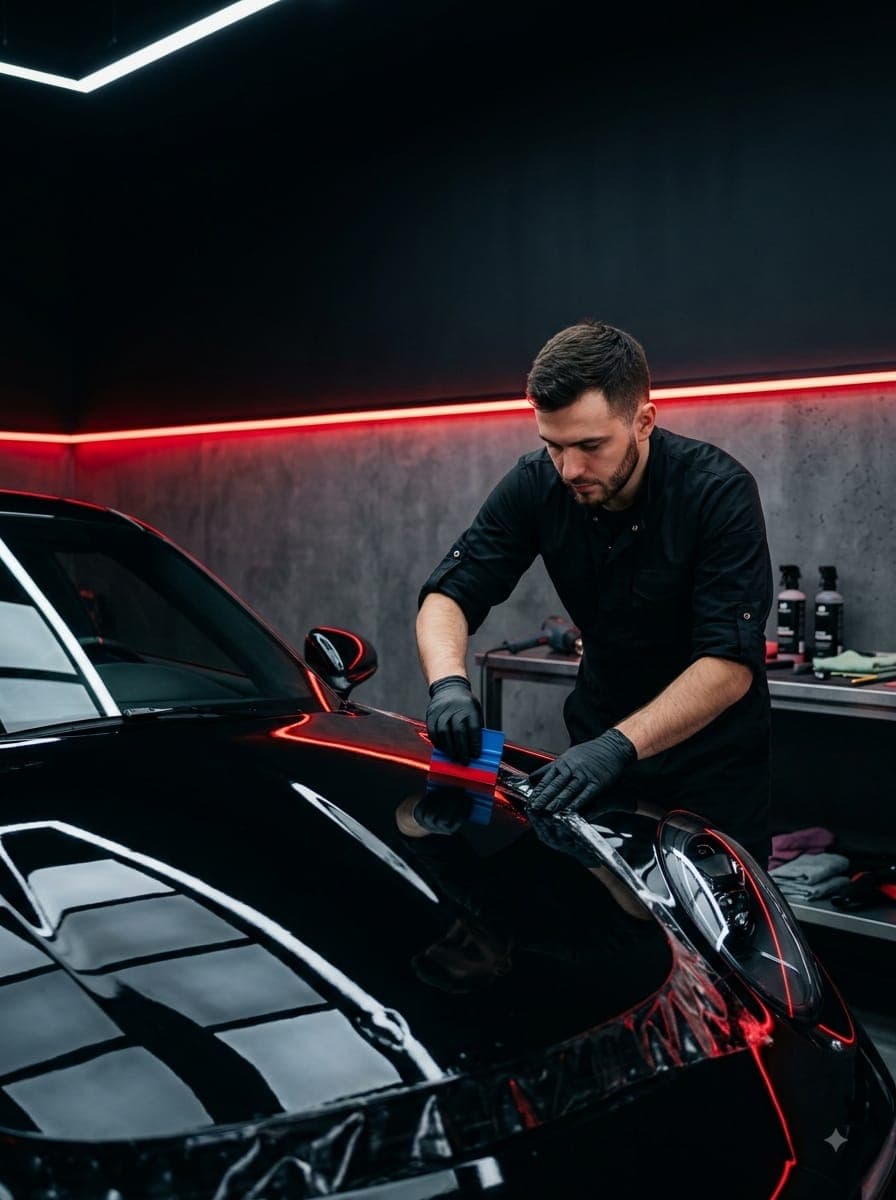 HPF installer smoothing paint protection film onto the hood of a red vehicle in Danbury, CT
