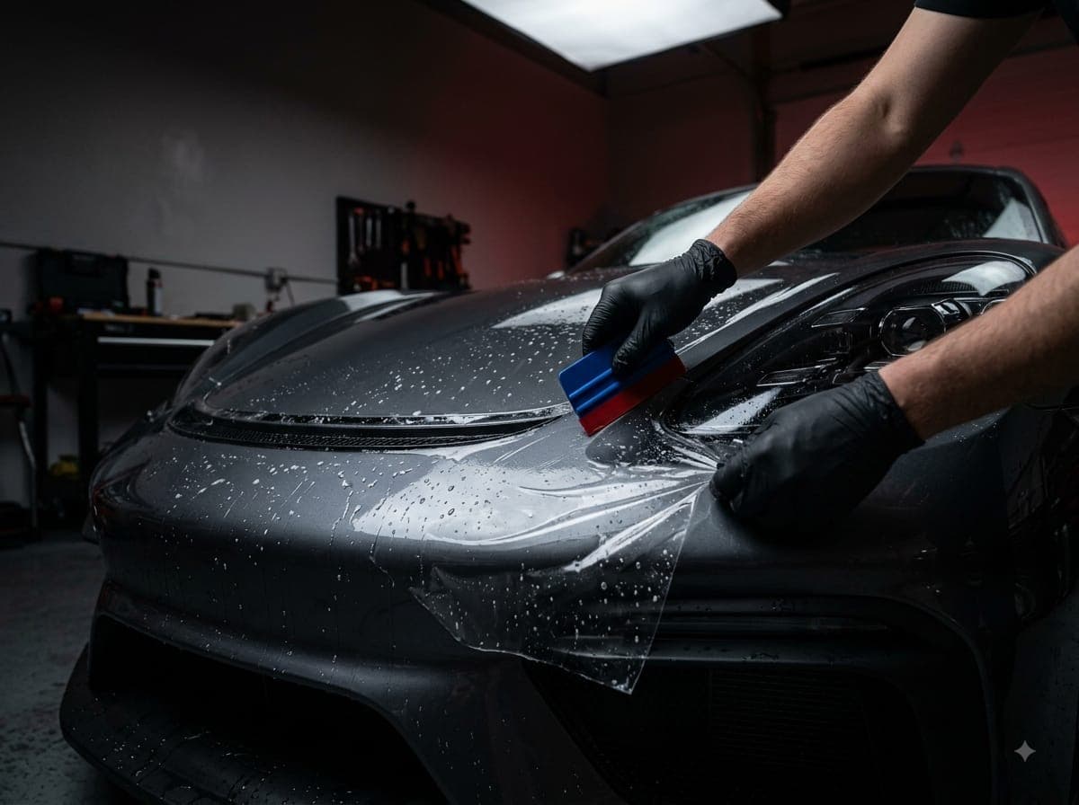 Paint protection film installation on a sports car bumper in Danbury, CT