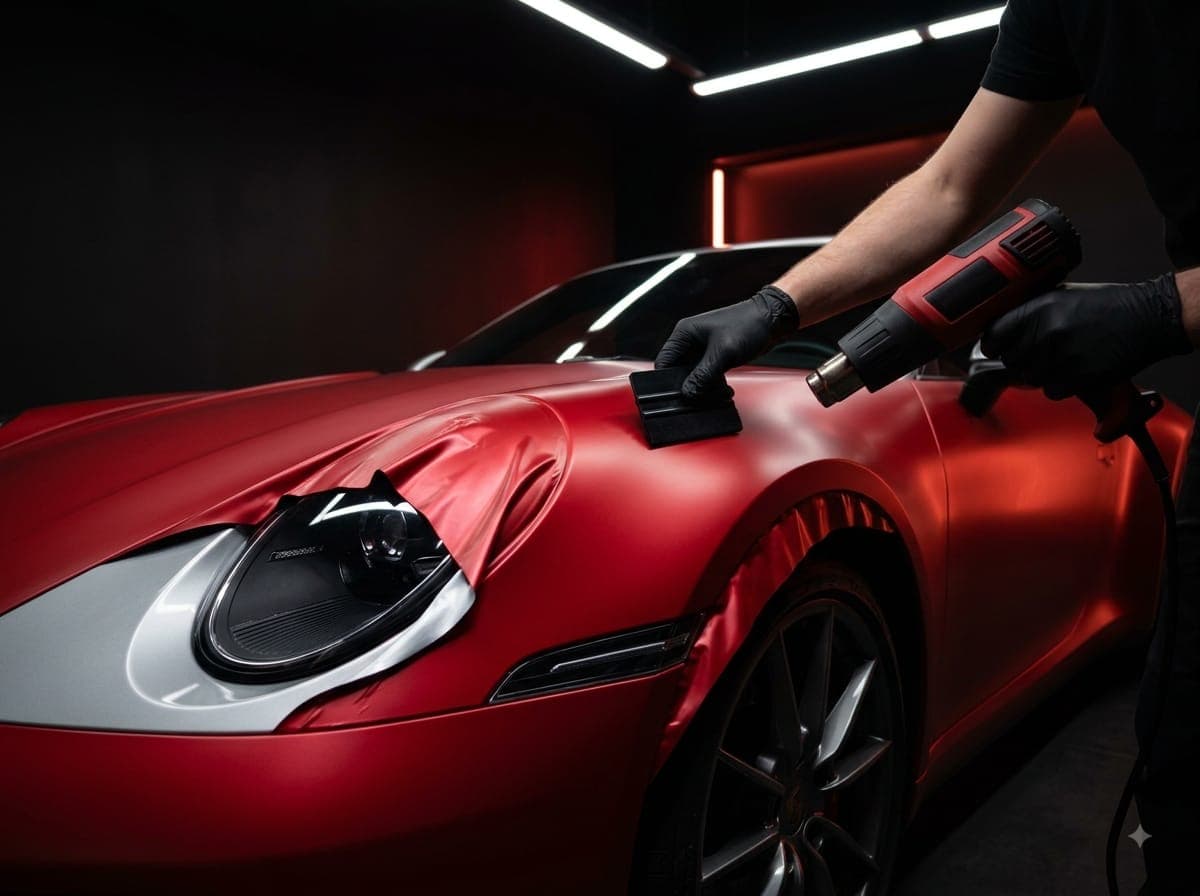 Satin red vinyl wrap installation on a sports car in Danbury, CT